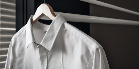 A freshly ironed shirt hangs crisply on a hanger its smooth fabric devoid of any wrinkles or creases, concept of Neatness, created with Generative AI technology