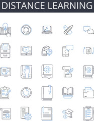 distance learning line icons collection. e-learning, virtual education, online schooling, remote instruction, web-based training, digital curriculum, internet tutoring vector and linear illustration