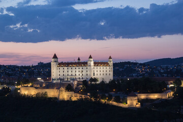 Beautiful view of the Bratislava castle on the banks of the Danube in the old town of Bratislava, Slovakia on a sunny summer day