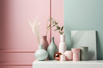 Interior design composition of a modern room with pastel pink and green color walls, rose gold sphere, plants in ceramic vases on shelf, art frame, generative, AI, Generative AI.
