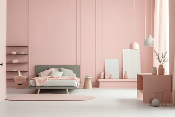 Interior design of a modern pastel pink bedroom with a bed, shelf, home decor, art frames, pendant lights, generative, AI, Generative AI.