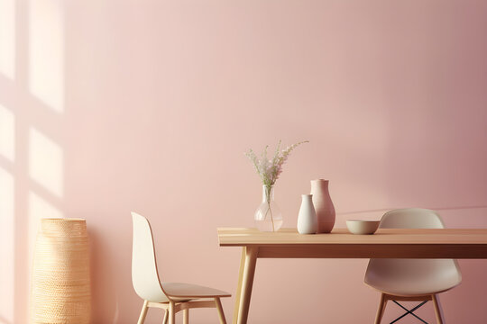 Minimal interior design composition of a modern dining room with pink wall, decorations on a wooden table and chair, Scandinavian style, generative, AI, Generative AI.