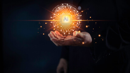 businessman show virtual graphic Global Internet connect Chatgpt Chat with AI, Artificial Intelligence. using command prompt for generates something, Futuristic technology transformation, Ai tech