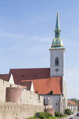 Beautiful view of the Bratislava castle on the banks of the Danube in the old town of Bratislava, Slovakia on a sunny summer day