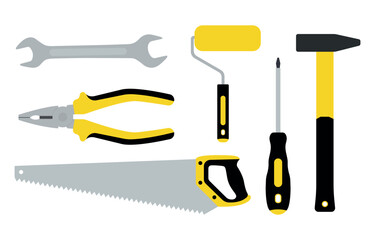 Set of construction repair tools icons in yellow, Hammer, hacksaw, screwdriver insulated on white background. Color flat vector illustration