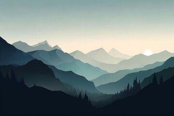 Fototapeta na wymiar Distant Mountain Peaks Painting, AI Generated