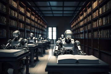 Robots reading and studying in a library, AI concept