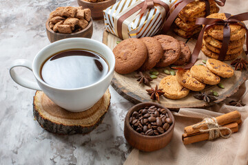 front view sweet biscuits with nuts and presents on the light background color sugar tea cake cookie sweet pie pastry