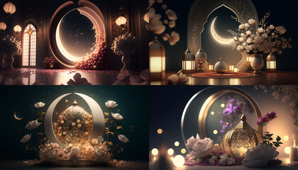 Ramadan poster with a photo of beautiful lantern decoration. Islamic greetings Ramadan Kareem card design background with beautiful gold. - obrazy, fototapety, plakaty