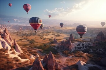 Many hot air balloon in sunset. Cappadocia Generative AI