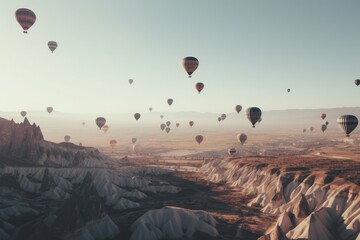Many hot air balloon in sunset. Cappadocia Generative AI