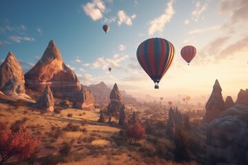 Fototapeta na wymiar Many hot air balloon in sunset. Cappadocia Generative AI