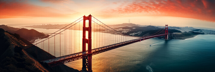 Golden gate bridge at Sunset, San Francisco. Generative Ai.