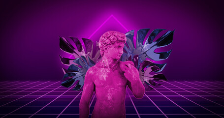 Image of neon antique sculpture, leaves and neon square with glitch over transparent background