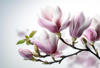 Fototapeta na wymiar Magnolia flower in purple with white background, light pink color, floral. Generative AI.