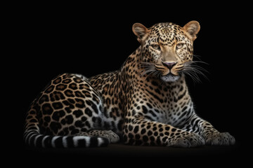 Fototapeta na wymiar retrato de leopardo sentado sobre fondo negro. Ilustracion de IA generativa