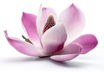 Fototapeta premium Magnolia flower in purple with white background, light pink color, floral. Generative AI.