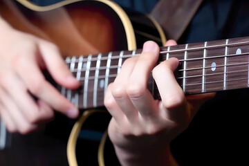 Fototapeta na wymiar Musician Playing His Acoustic Guitar. Close Up Shot. High quality generative AI