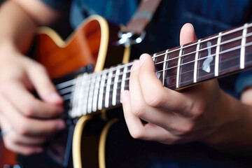 Fototapeta na wymiar Musician Playing His Electric Guitar. Close Up Shot. High quality generative AI