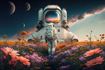Obraz na płótnie Canvas Astronaut walking on the field of flowers on another planet, generative ai