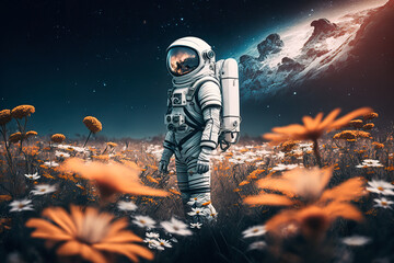 Obraz na płótnie Canvas Astronaut standing on the field of flowers on another planet, generative AI