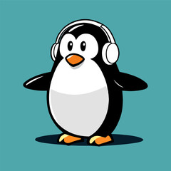Cute mascot design for a penguin wearing a headset, flat cartoon design in a cool animal style. Suitable for book design, cards, website pages