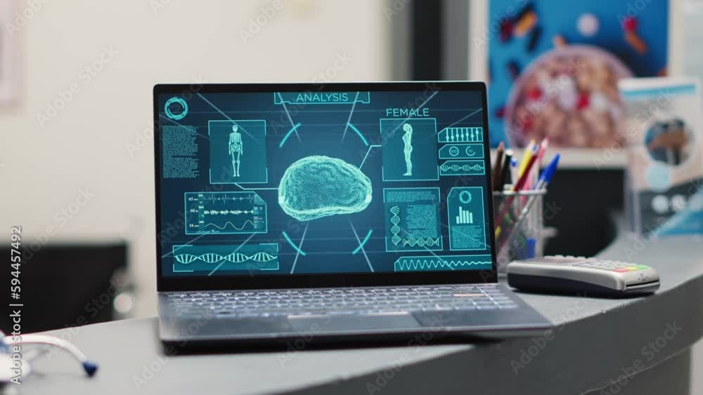 Aufkleber empty reception counter with laptop running neural system tomography, radiography of human brain on 