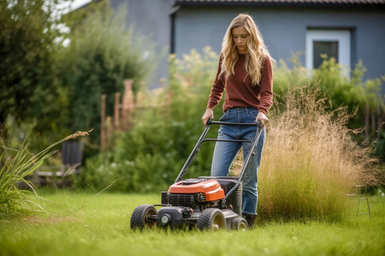 Younger woman mowing lawn on a sunny day, high quality generative ai