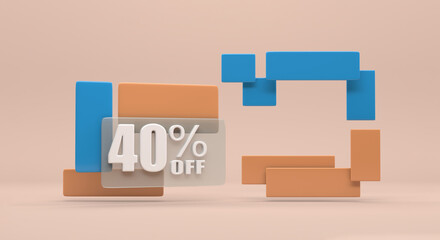 40, 40%, percentage, discount background, flyer for sale, discount on products in blue and orange colors with white number (3d illustration)