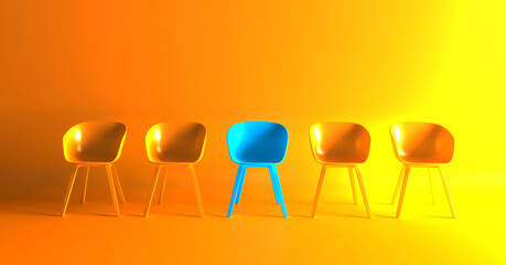 The blue chair that stands out from the crowd. Business concept 3D rendering. We are hiring. Leadship concept.