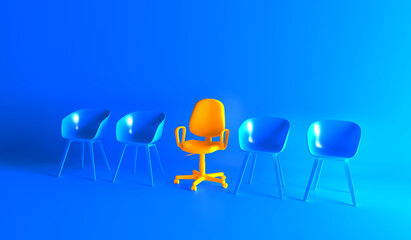 The yellow chair that stands out from the crowd. Business concept. We are hiring. Leadship concept.