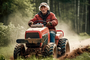 Obraz premium Older man riding a small tractor, high quality generative ai