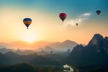 Hot air balloons flying over mountains, Generative AI