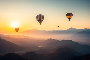 Hot air balloons flying over mountains, Generative AI