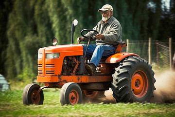 Obraz premium Man riding a small tractor, high quality generative ai