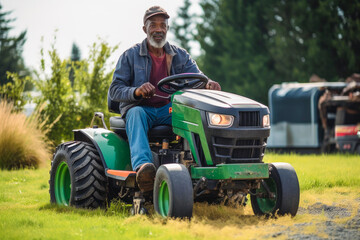 Black man riding a tractor mower on a sunny day, high quality generative ai