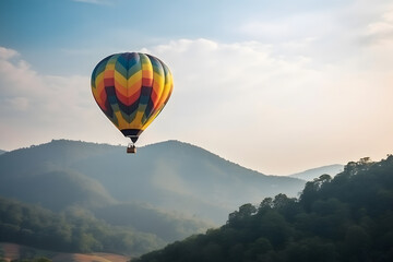 Naklejka premium Hot air balloon flying over mountains, Generative AI