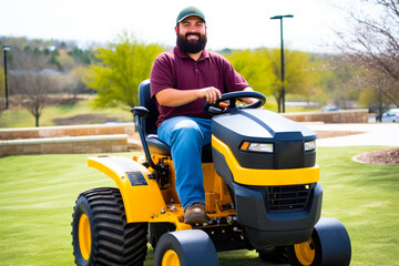Man with a beard riding a tractor mower on a sunny day, high quality generative ai