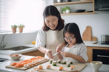 Japanese mother and daughter making sushi together, Generative AI