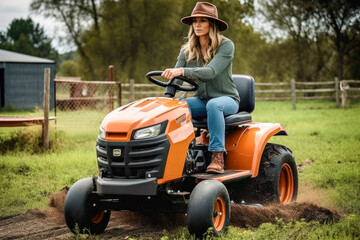 Fototapeta premium Woman riding a tractor mower on a sunny day, high quality generative ai