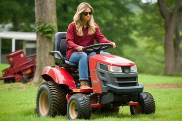 Woman riding a tractor mower on a sunny day, high quality generative ai