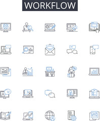Workflow line icons collection. Business process, Task system, Work schedule, Job procedure, Project framework, Operational flow, Production cycle vector and linear illustration. Organizational system