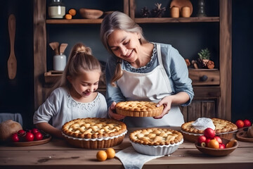 Mother and daughter making pie together, Generative AI