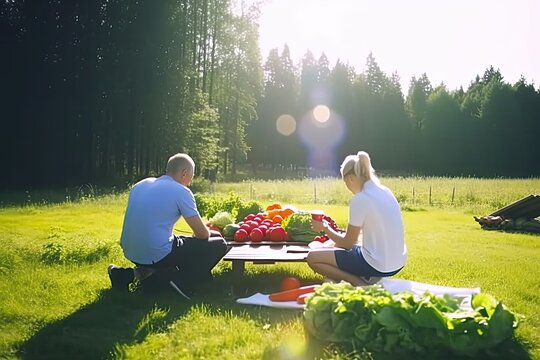 People working in agriculture. They are taking a break for lunch at the nature. Created with generative AI
