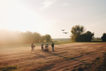 People working in agriculture. They are farming using modern technology for harvesting/planting. Created with generative AI