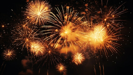 Naklejka premium A set of slow motion fireworks on black background, collage of colorful fireworks exploding in the night sky. Generative AI