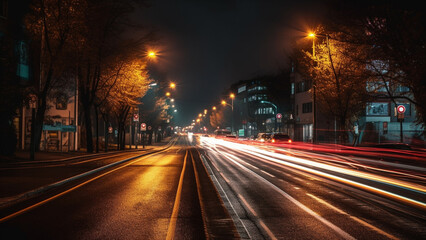 Fototapeta na wymiar Light trails on the streets. Generative AI