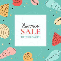 Summer sale. Modern background with hand draw colorful seashells, starfish. Beautiful summer holidays posters. Vector templates for greeting cards, banners, invitation, social media post.