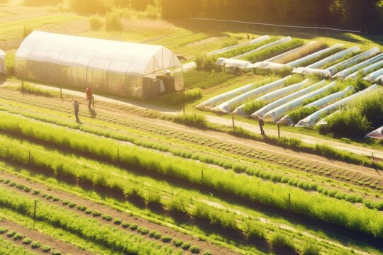 Overview of people working in agriculture. They are farming using modern technology for harvesting/planting in greenhouse. Created with generative AI