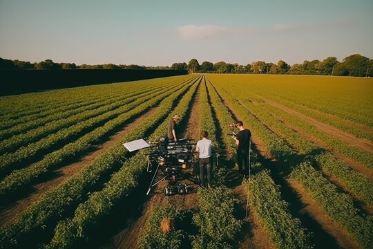 Overview of people working in agriculture. They are farming using modern technology for harvesting/planting. Created with generative AI
